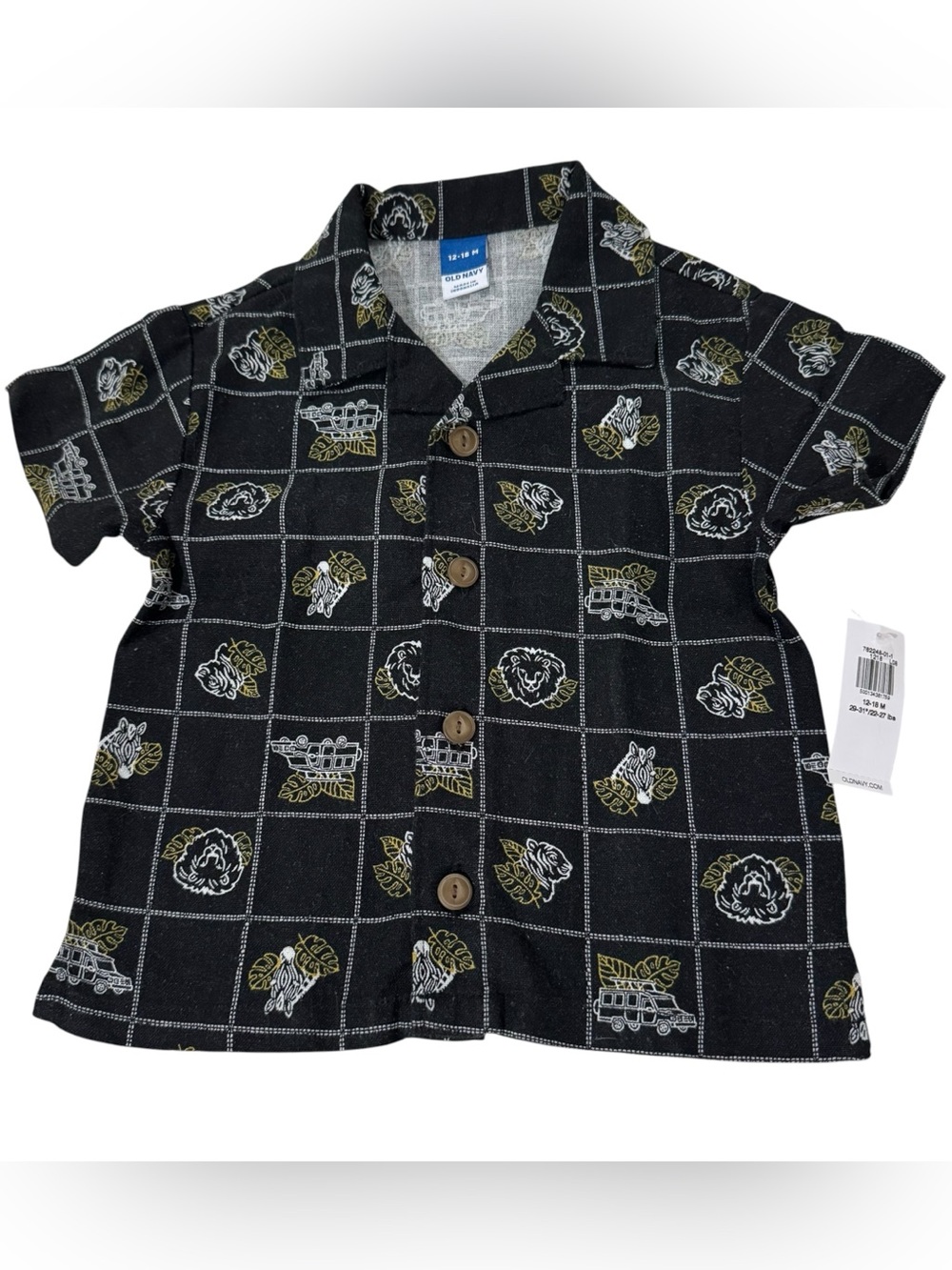 Old Navy Black Linen Blend Safari Print Short Sleeve Button Down 12-18M